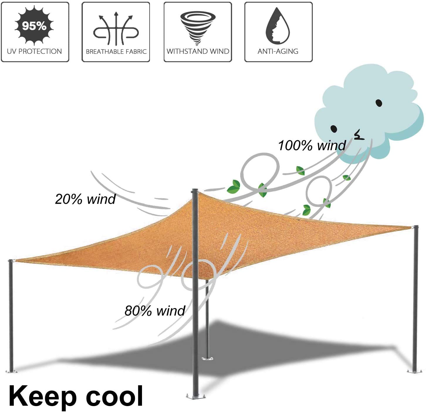 Sun Shade Sail Canopy, Patio Shade Cloth Outdoor Cover - Sunshade Fabric Awning Shelter for Pergola Backyard Garden Carport (Brown, 16' x 20' Rectangle) - Image 4