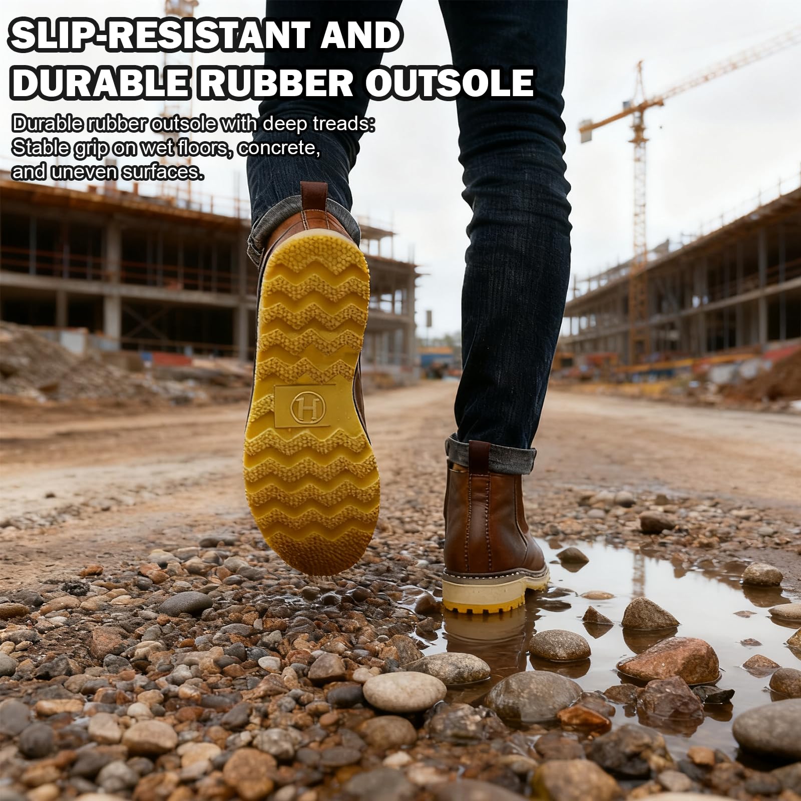 WORKPOINT Men's Brown Chelsea Work Boots - Double Gore, Pull-On, Soft Toe - Image 4