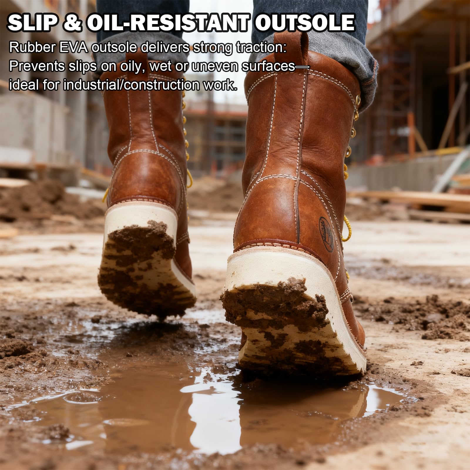 WORKPOINT Men’s Classic 8" Soft Toe Work Boots – Durable Leather, Slip-Resistant, Breathable & Stylish - HVB808 - Image 3