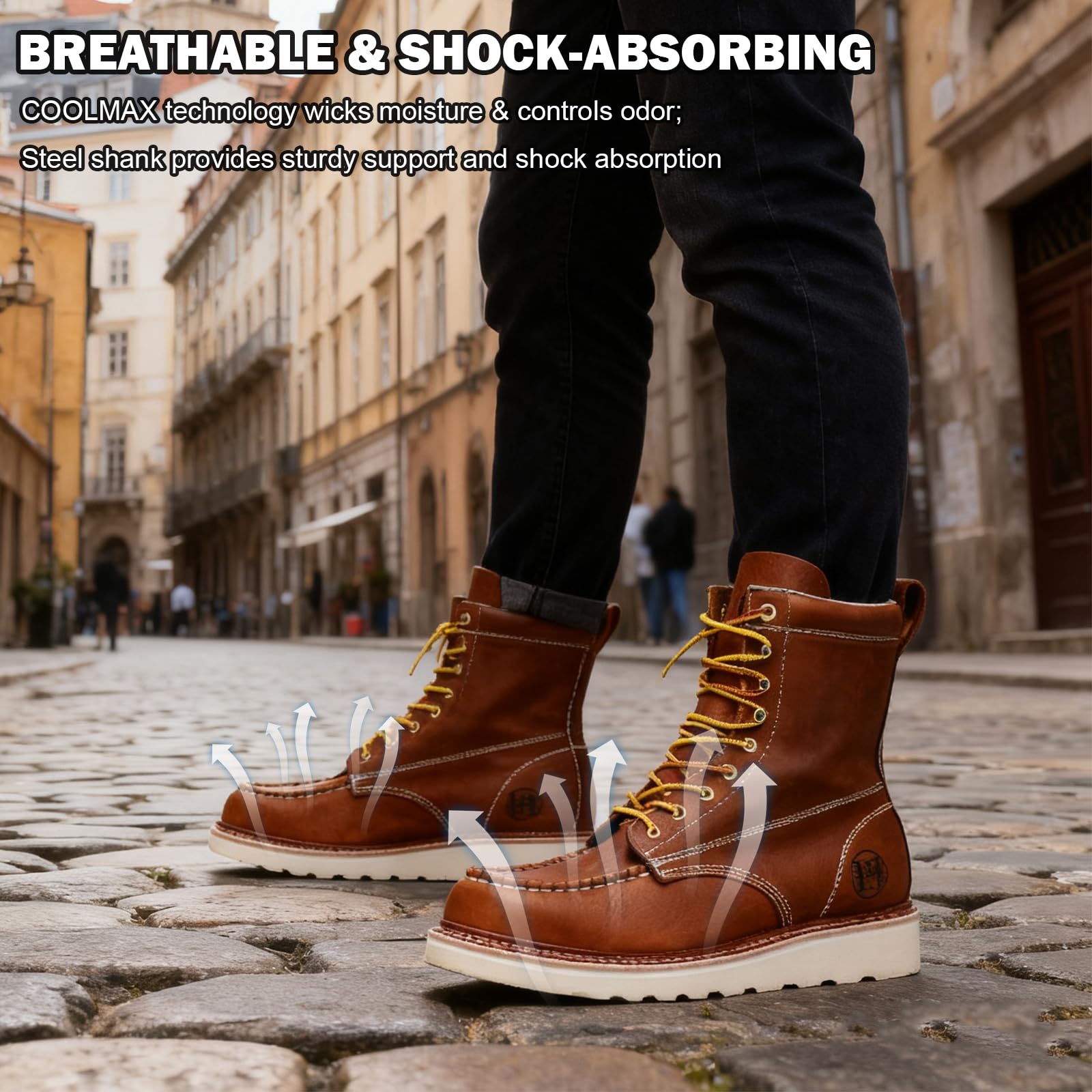 WORKPOINT Men’s Classic 8" Soft Toe Work Boots – Durable Leather, Slip-Resistant, Breathable & Stylish - HVB808 - Image 4