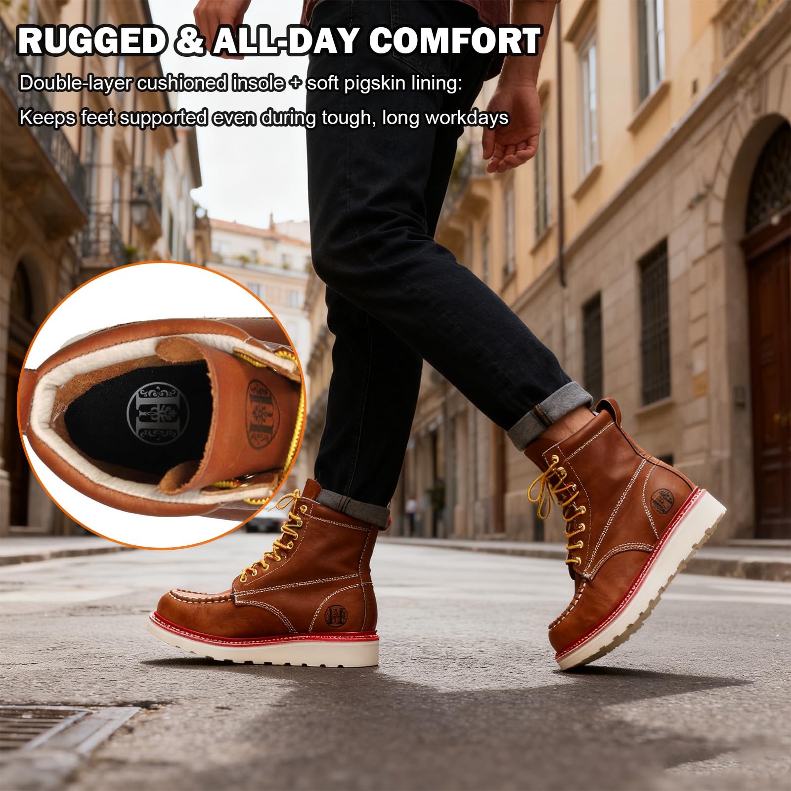 WORKPOINT Men’s Classic 8" Soft Toe Work Boots – Durable Leather, Slip-Resistant, Breathable & Stylish - HVB808 - Image 5