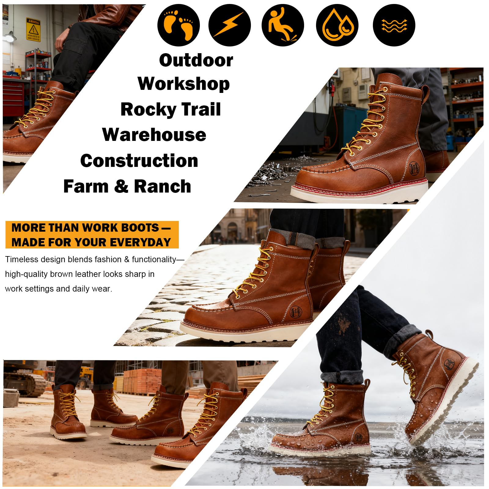 WORKPOINT Men’s Classic 8" Soft Toe Work Boots – Durable Leather, Slip-Resistant, Breathable & Stylish - HVB808 - Image 7