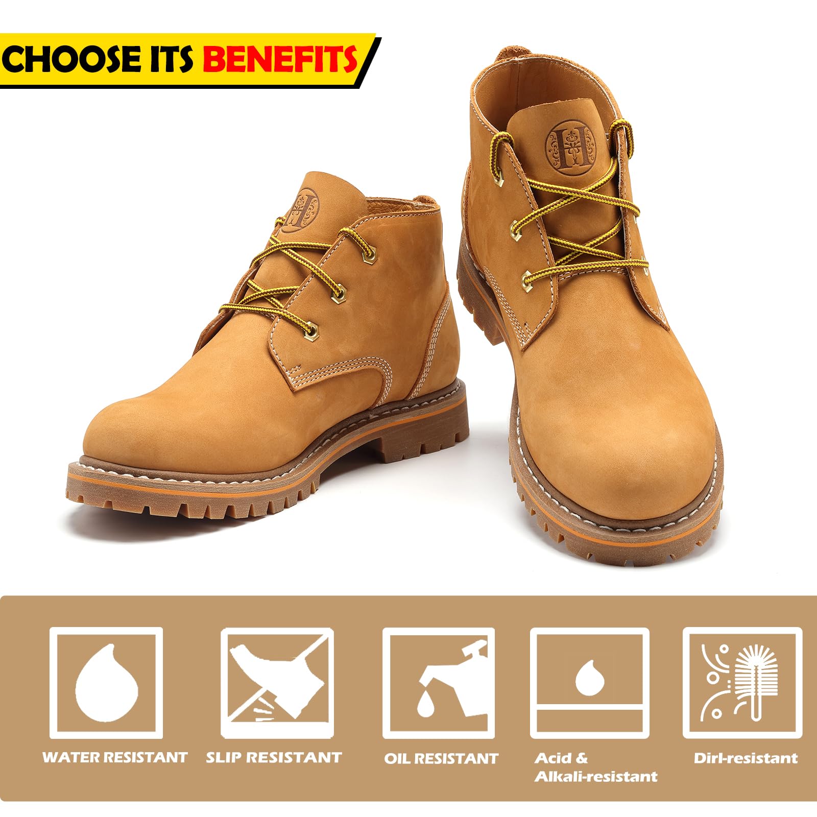 WORKPOINT Men's Soft Toe Nubuck Leather PU Sole, Wheat Work Boots-82103 - Image 4