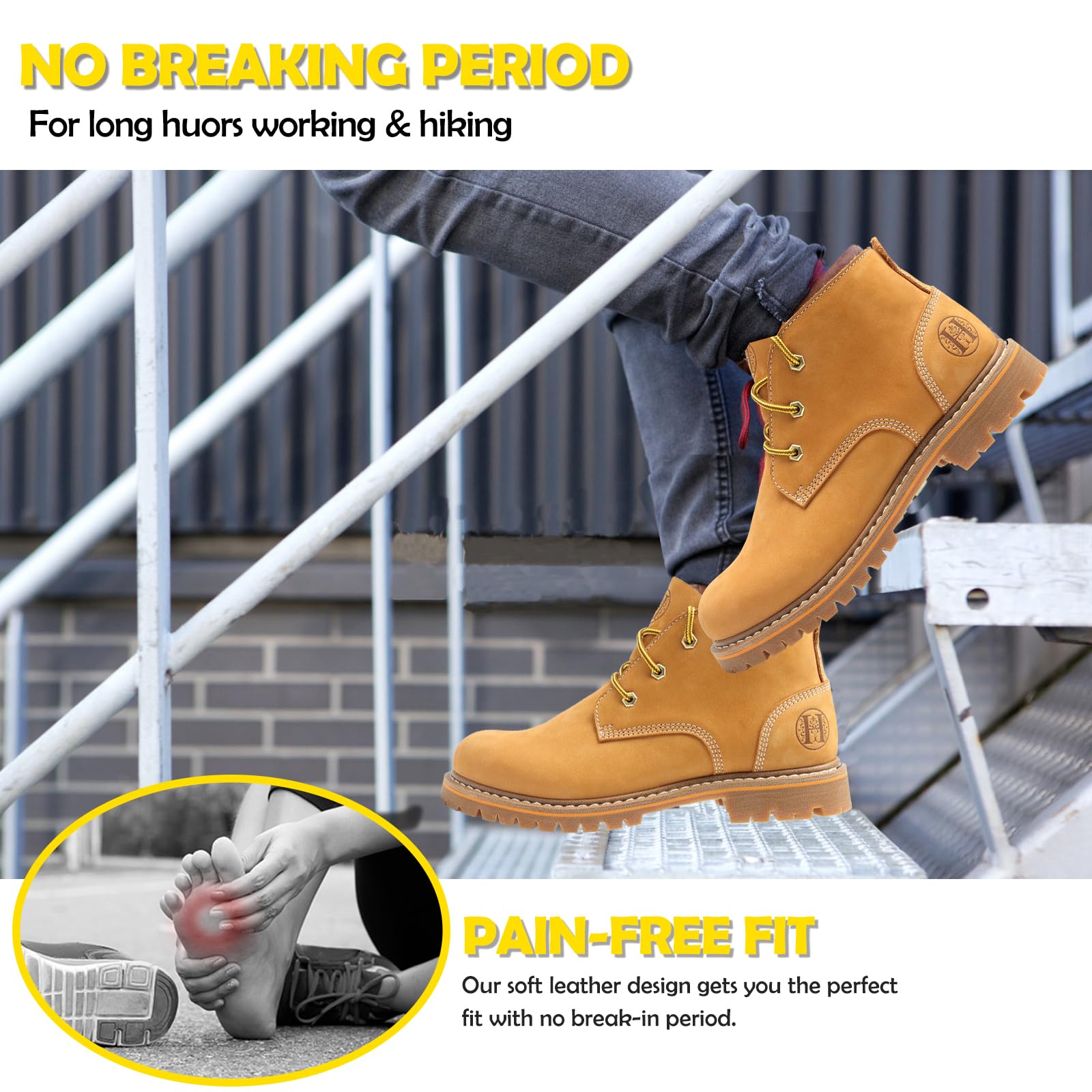 WORKPOINT Men's Soft Toe Nubuck Leather PU Sole, Wheat Work Boots-82103 - Image 6