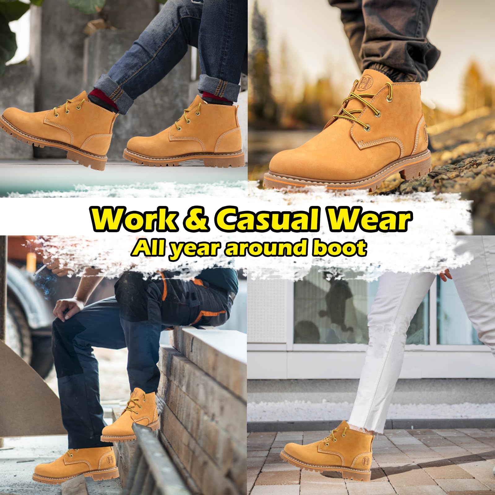 WORKPOINT Men's Soft Toe Nubuck Leather PU Sole, Wheat Work Boots-82103 - Image 7