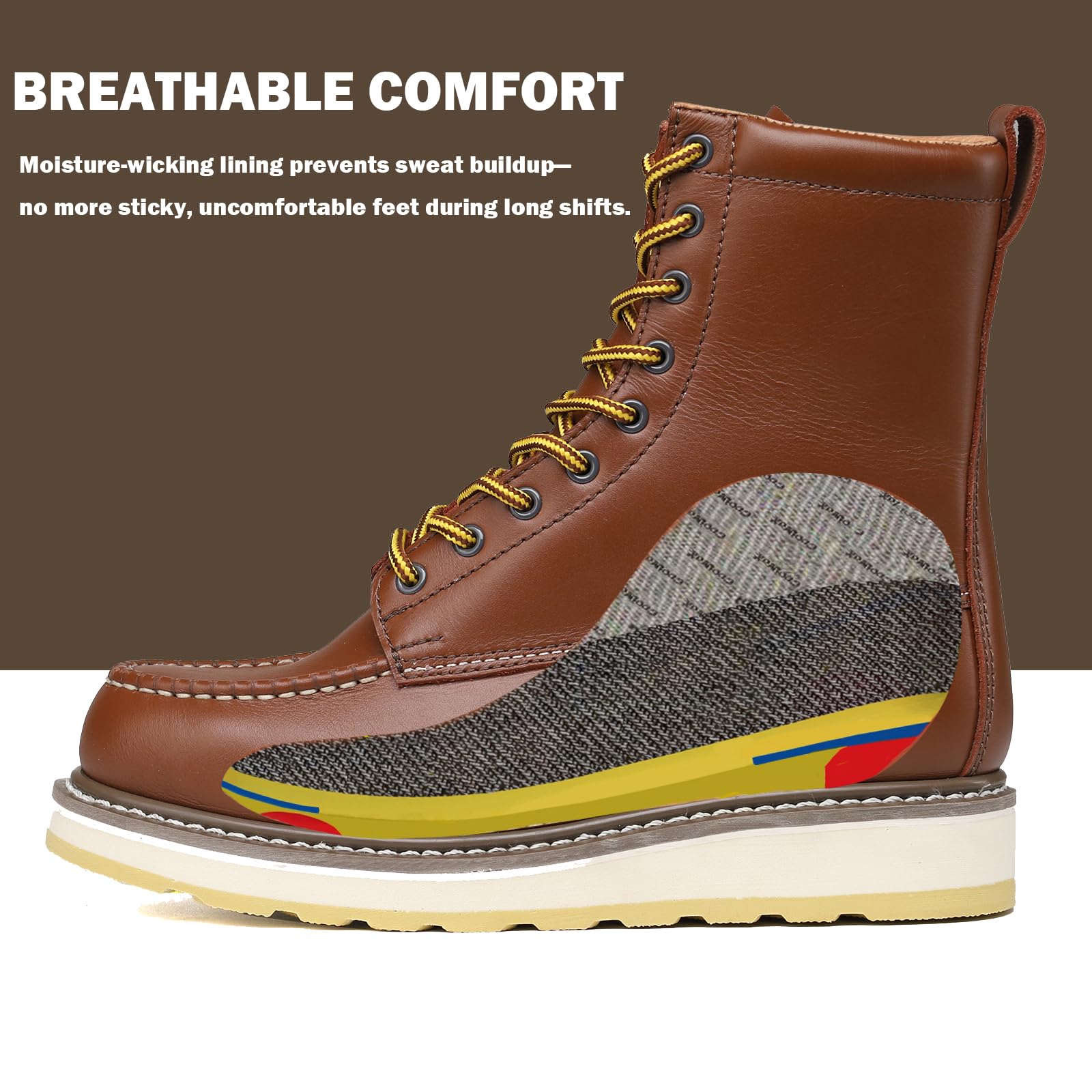 WORKPOINT Men's Soft Toe SureTrack Waterproof Non-Slip oil Breathable Durable Wedge Outsole 8" Brown Work Boots - Image 4