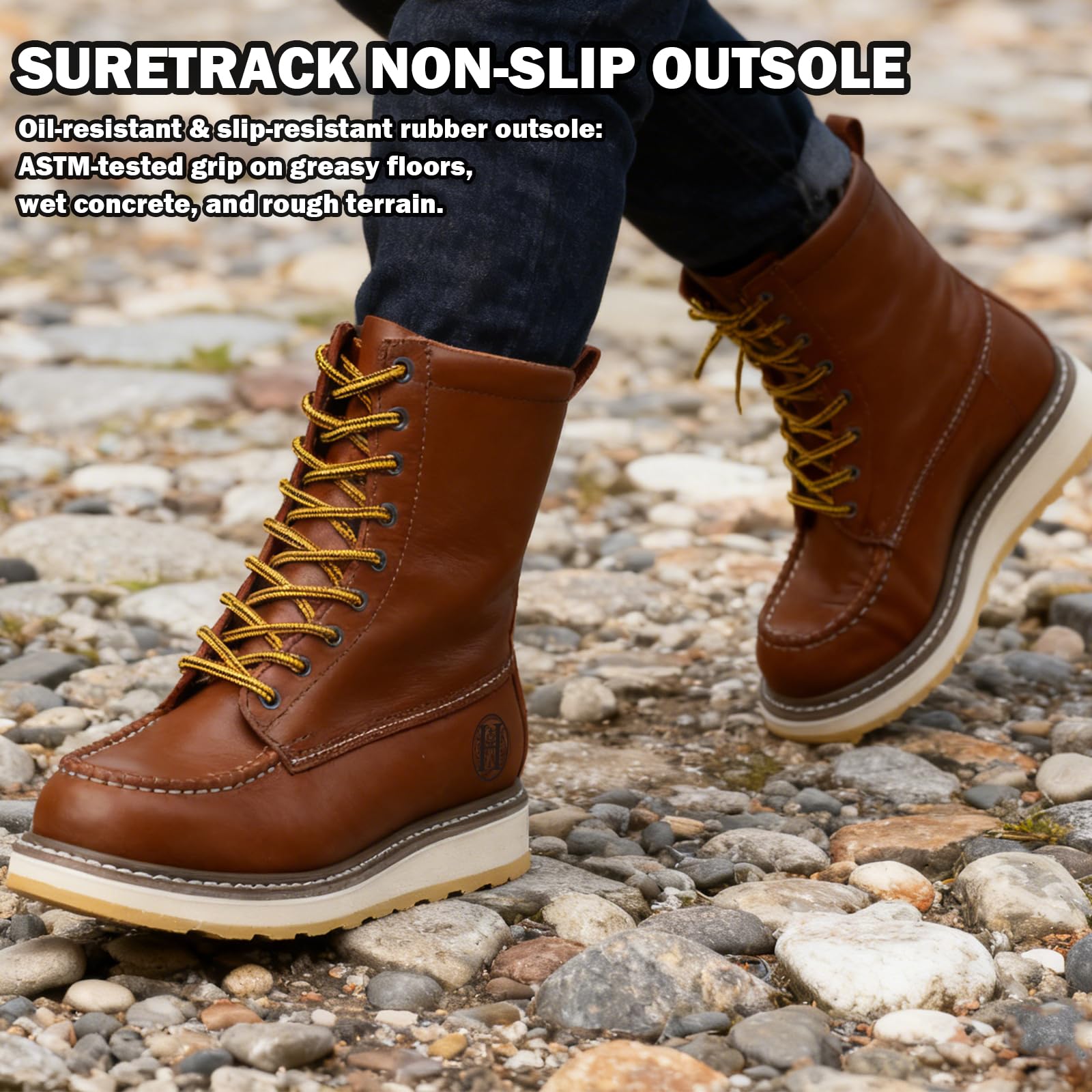 WORKPOINT Men's Soft Toe SureTrack Waterproof Non-Slip oil Breathable Durable Wedge Outsole 8" Brown Work Boots - Image 6