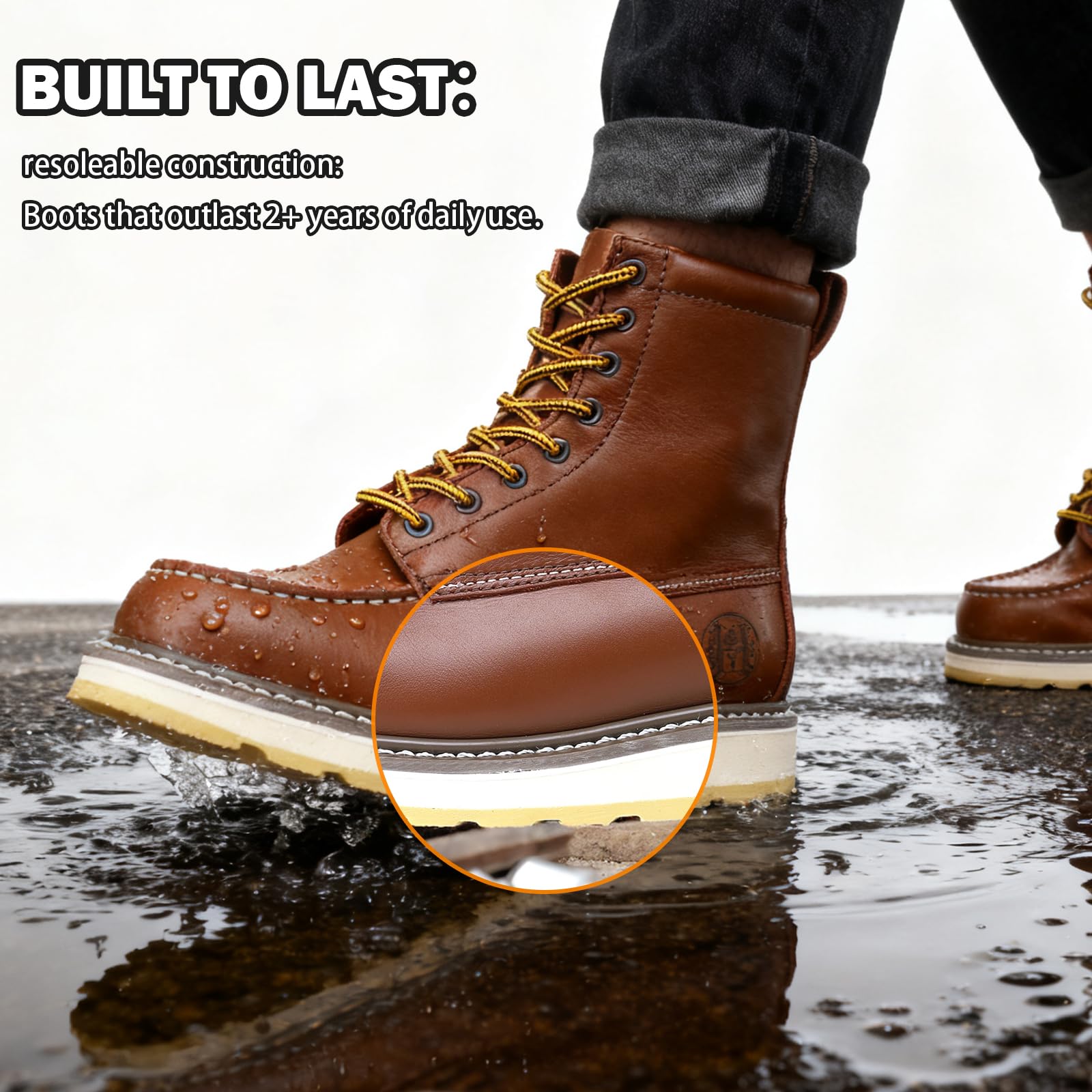 WORKPOINT Men's Soft Toe SureTrack Waterproof Non-Slip oil Breathable Durable Wedge Outsole 8" Brown Work Boots - Image 8