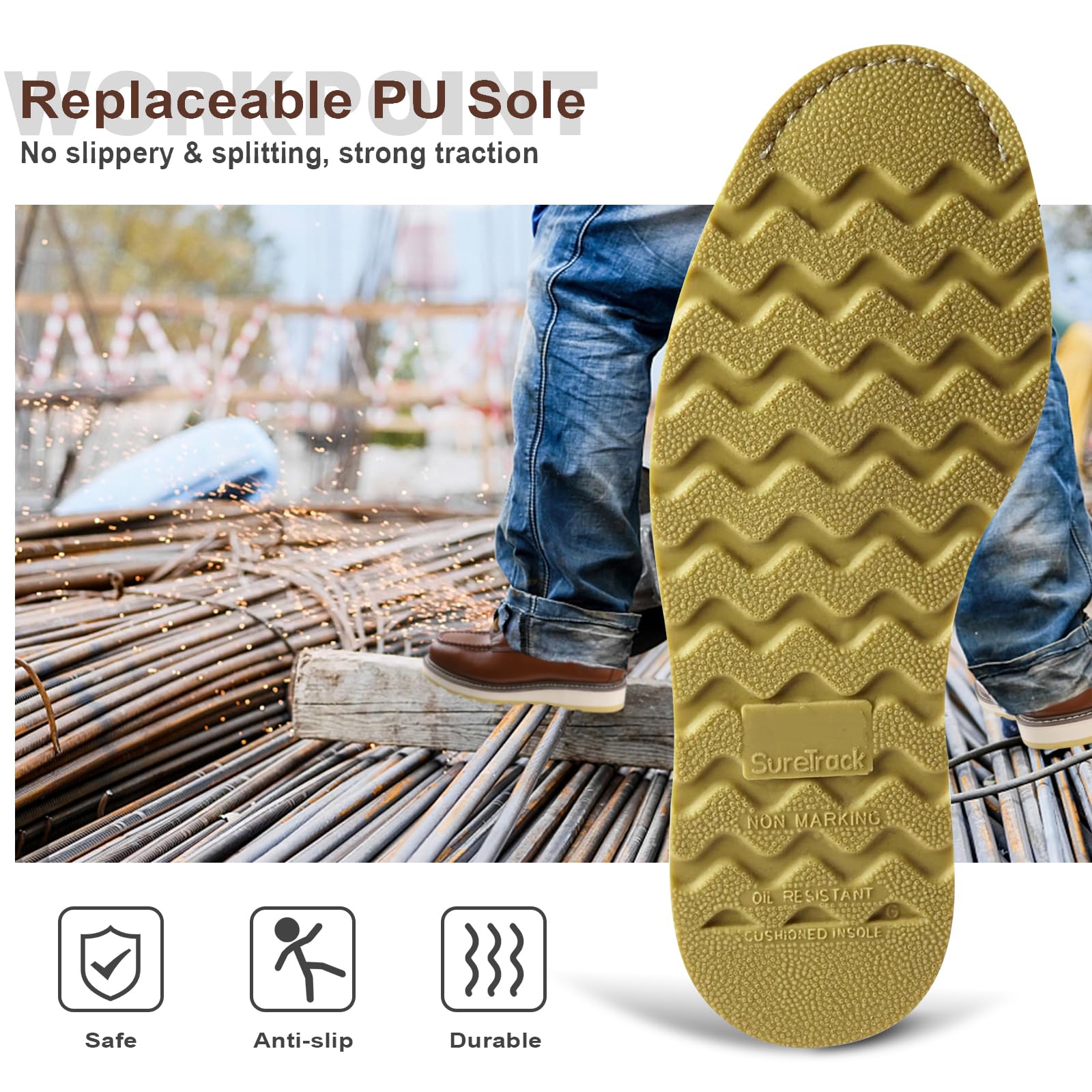 WORKPOINT Men's Soft Toe SureTrack Waterproof Non-Slip oil Breathable Durable Wedge Outsole 6" Brown Work Boots - Image 4