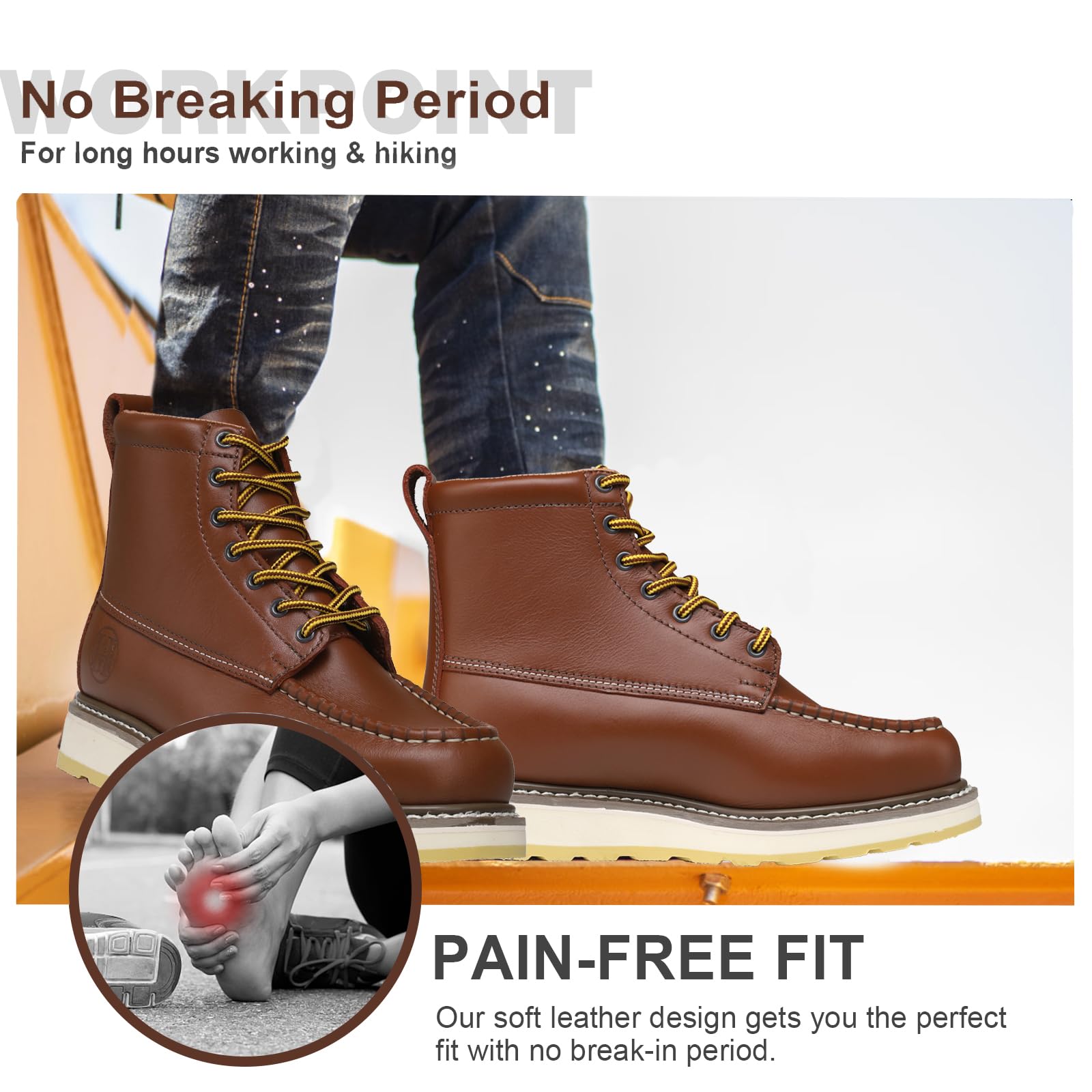 WORKPOINT Men's Soft Toe SureTrack Waterproof Non-Slip oil Breathable Durable Wedge Outsole 6" Brown Work Boots - Image 7